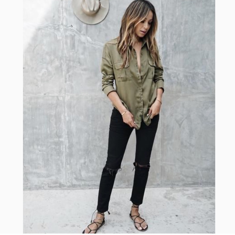 Army green button down shirt.